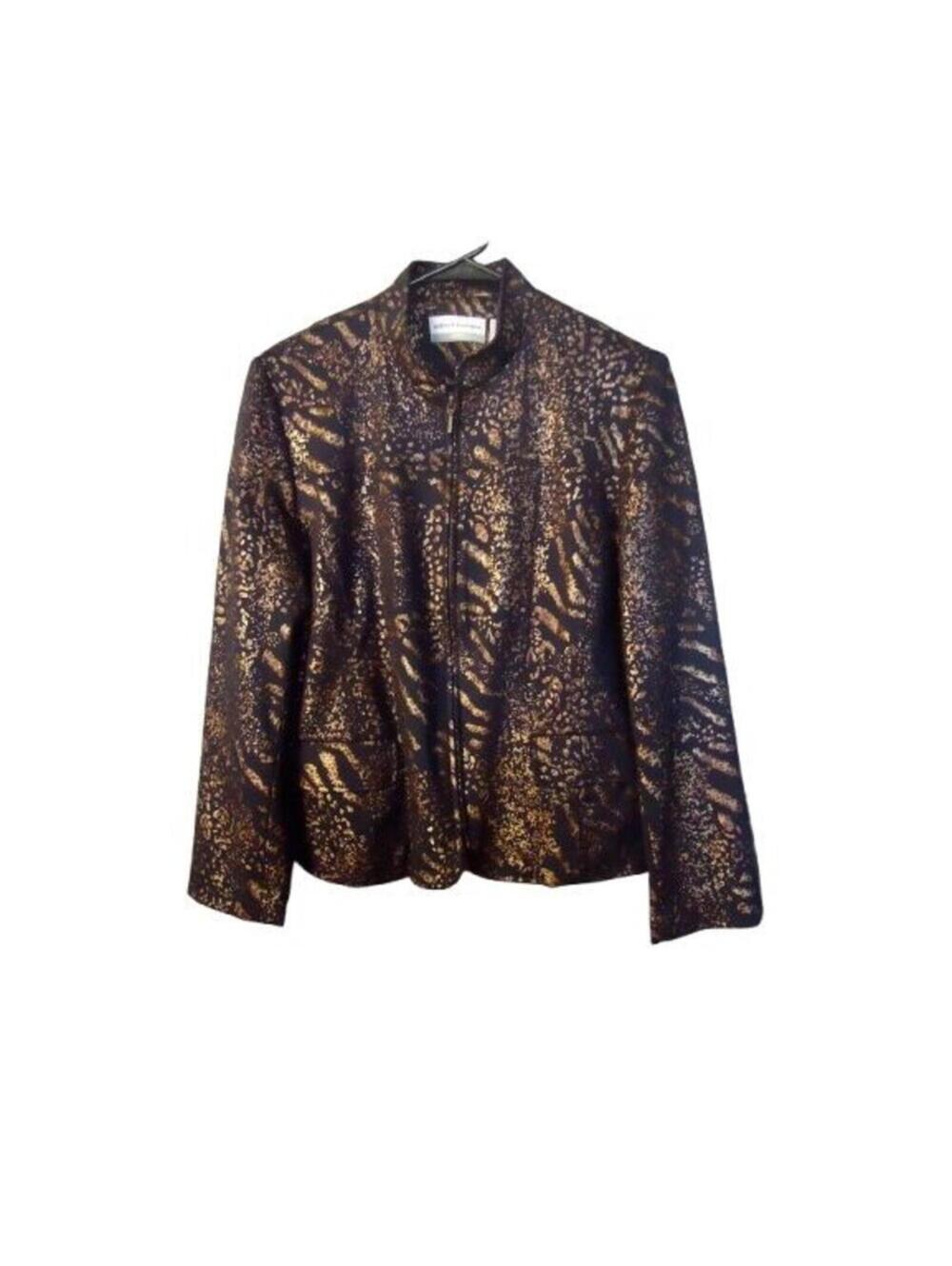 Alfred Dunner Band Collar Neck Full Zip Jacket 12P Black Gold Animal Print
